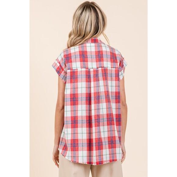 Mittoshop Mineral Washed Plaid Pattern Button Down Relaxed Fit Shirt | Red - Picture 3 of 6